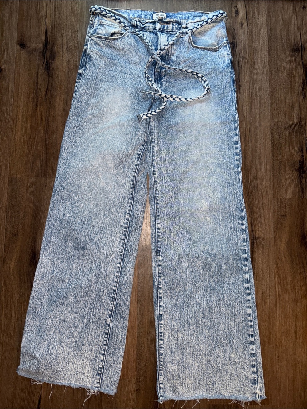 Kensie Washed Light Blue Straight Jeans with Braided Waist Tie